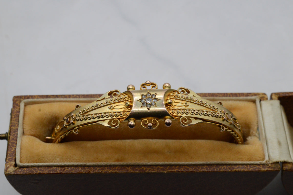 Edwardian 1906 9ct Gold Diamond Etruscan Revival Bangle Bracelet with Antique Box