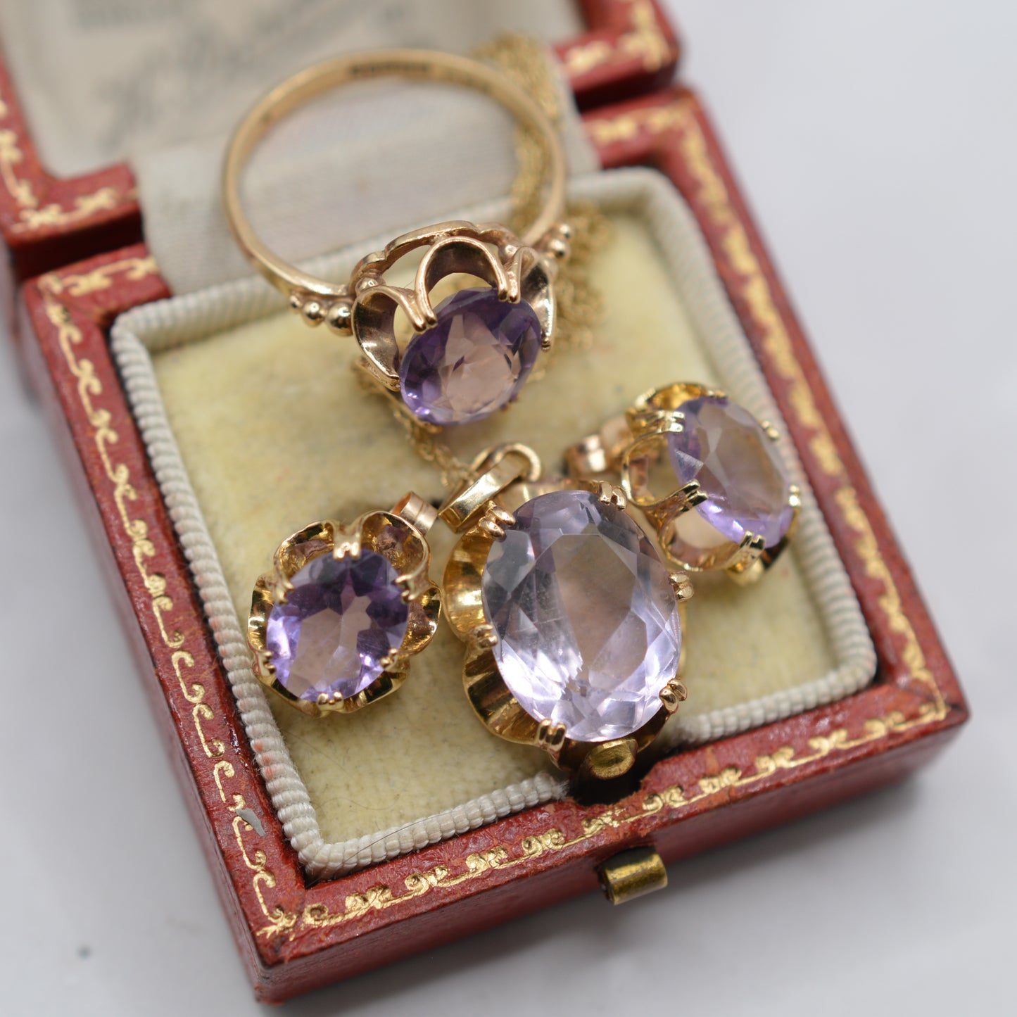 Vintage 9ct Gold Amethyst Ring, Necklace & Earrings Suite