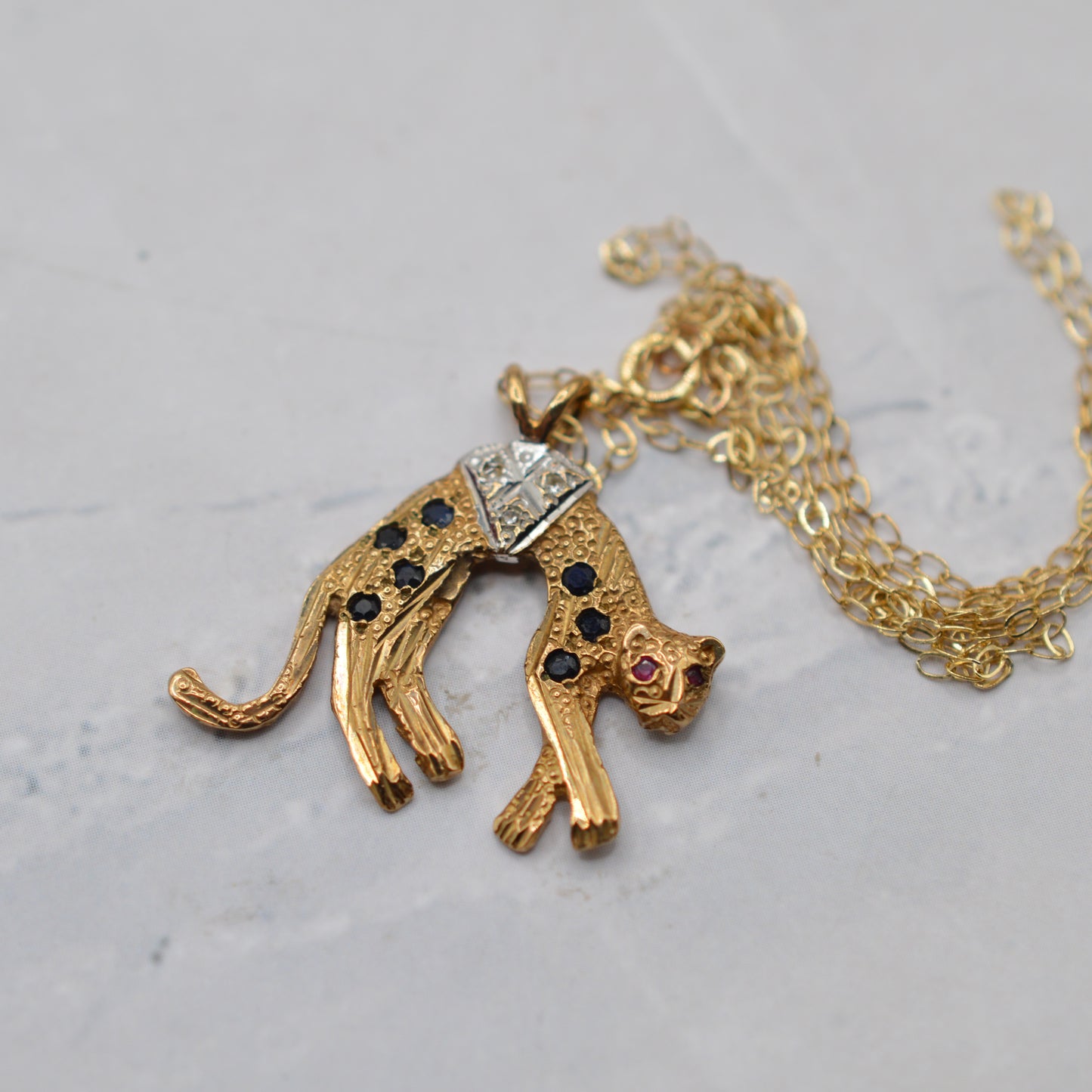 9ct Gold Diamond, Sapphire & Ruby Panther Pendant Necklace (16”)