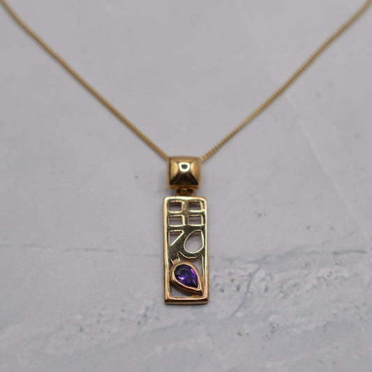 9ct Gold Amethyst Pendant Necklace (18”) - Art Nouveau/Charles Rennie Mackintosh
