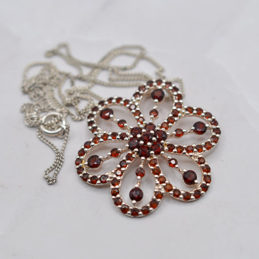 Vintage Large Sterling Silver Garnet Floral Cluster Pendant Necklace (17" Chain)