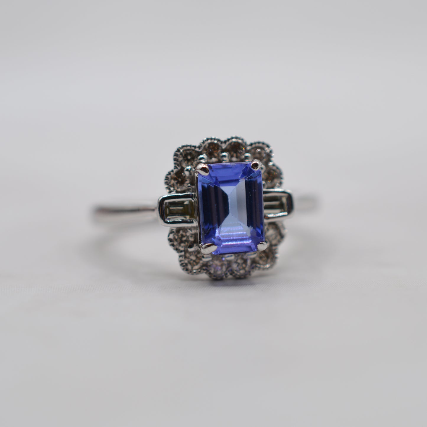 9ct White Gold Tanzanite & Diamond Halo Cluster Ring, Art Deco Style