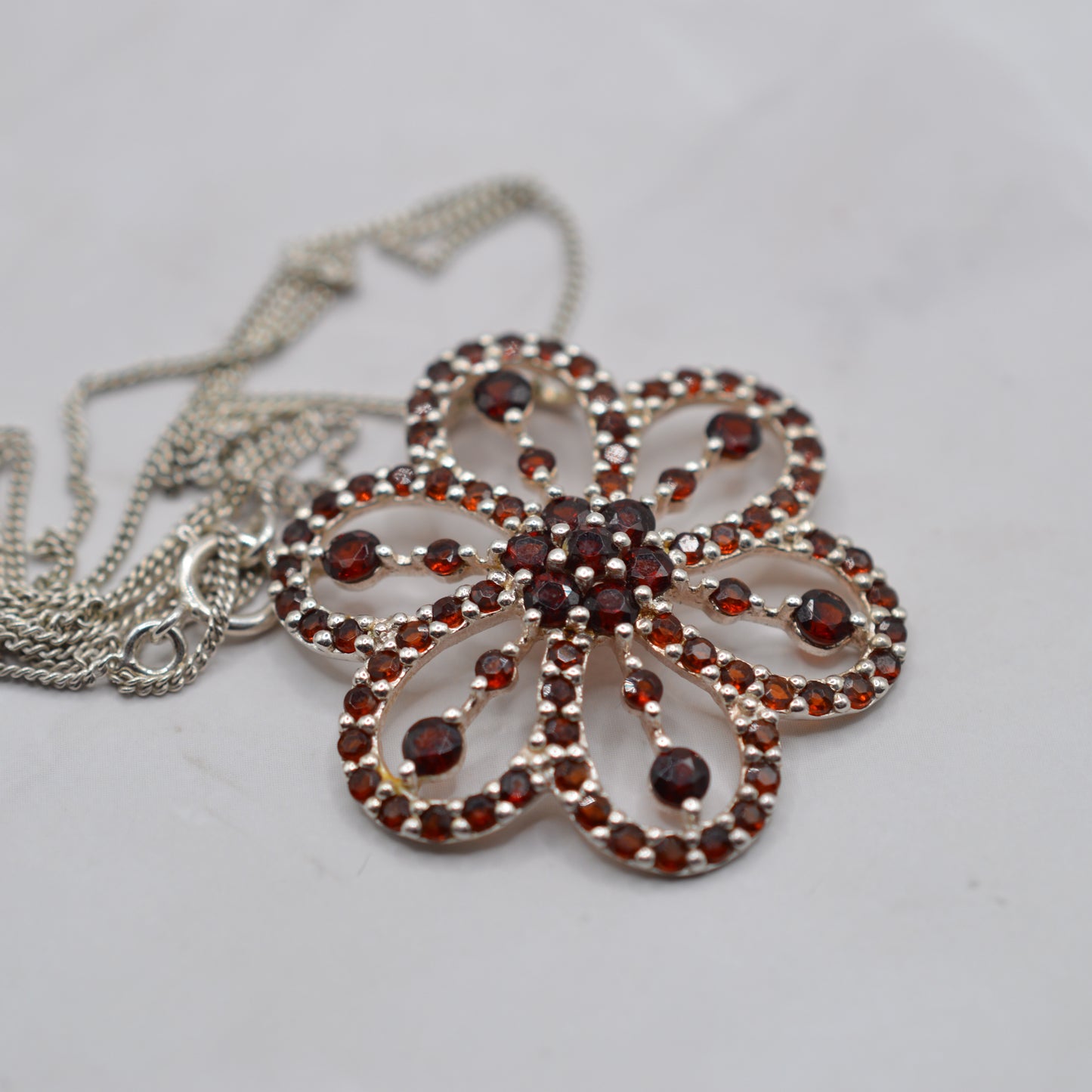 Vintage Large Sterling Silver Garnet Floral Cluster Pendant Necklace (17" Chain)