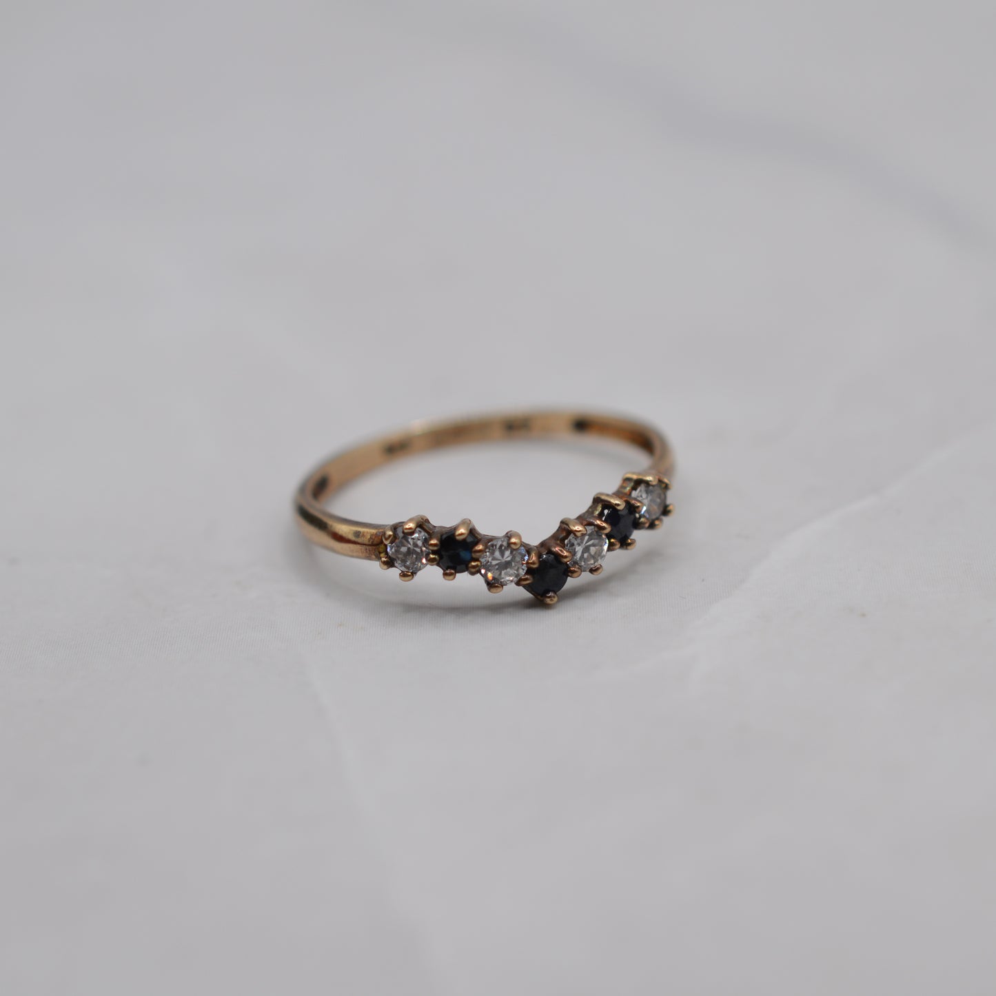 9ct Gold Sapphire & Cubic Zirconia Wishbone Ring