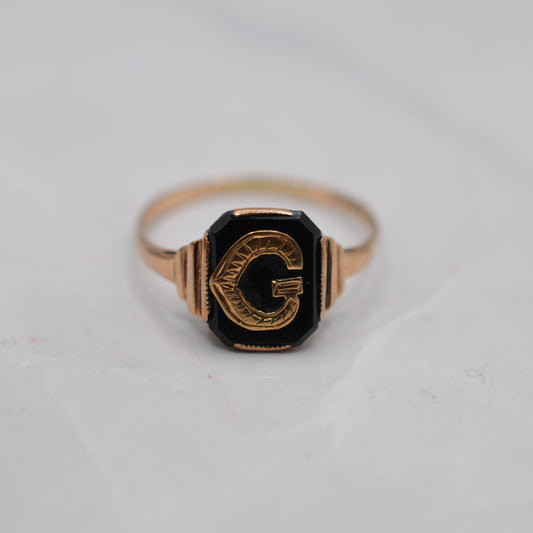 Vintage 1960s 9ct Gold Black Onyx ‘G’ Initial Signet Ring