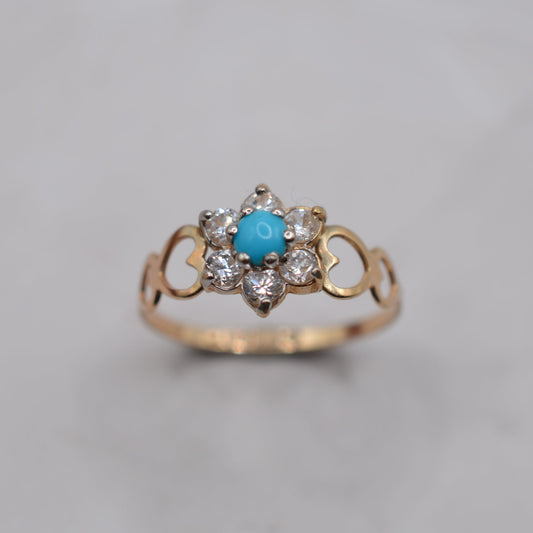 9ct Gold Turquoise & CZ Floral Cluster Ring