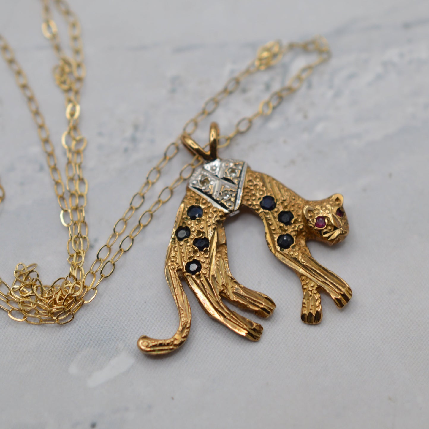 9ct Gold Diamond, Sapphire & Ruby Panther Pendant Necklace (16”)