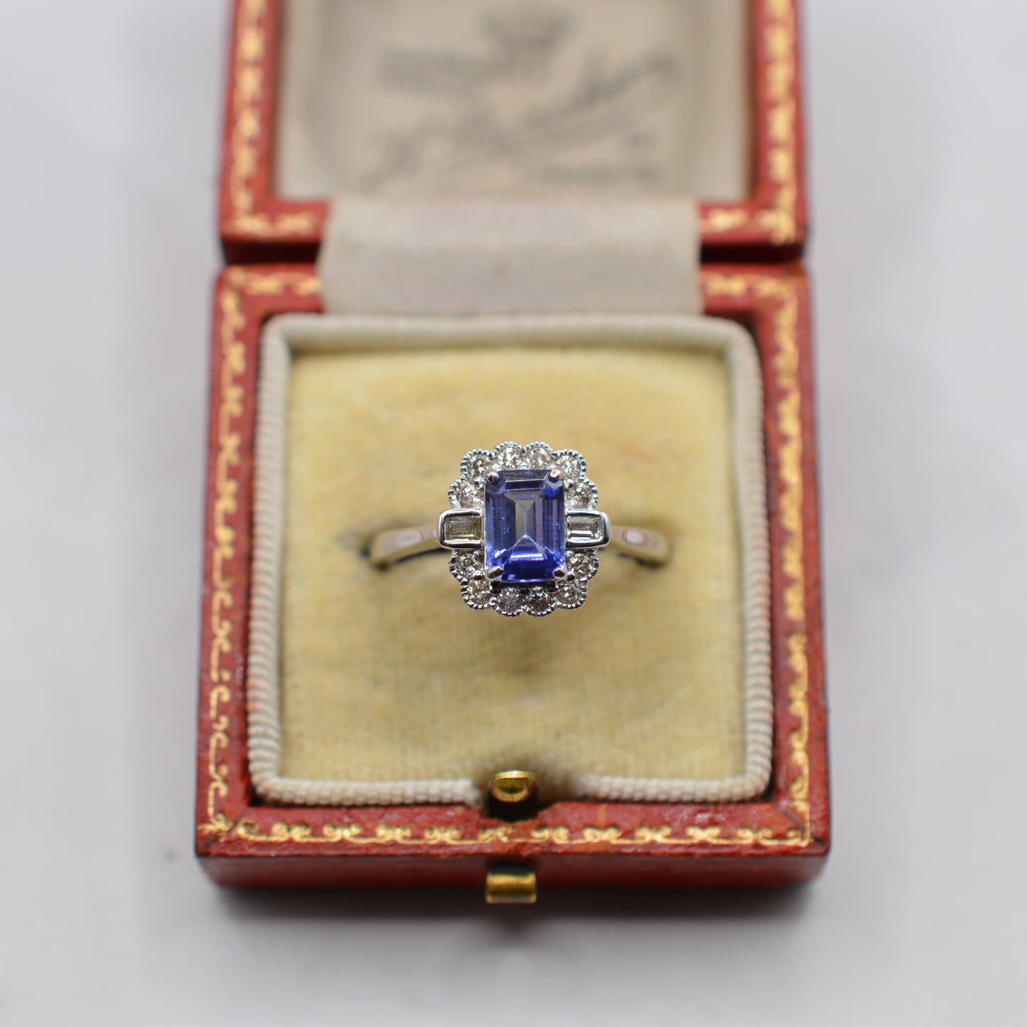 9ct White Gold Tanzanite & Diamond Halo Cluster Ring, Art Deco Style