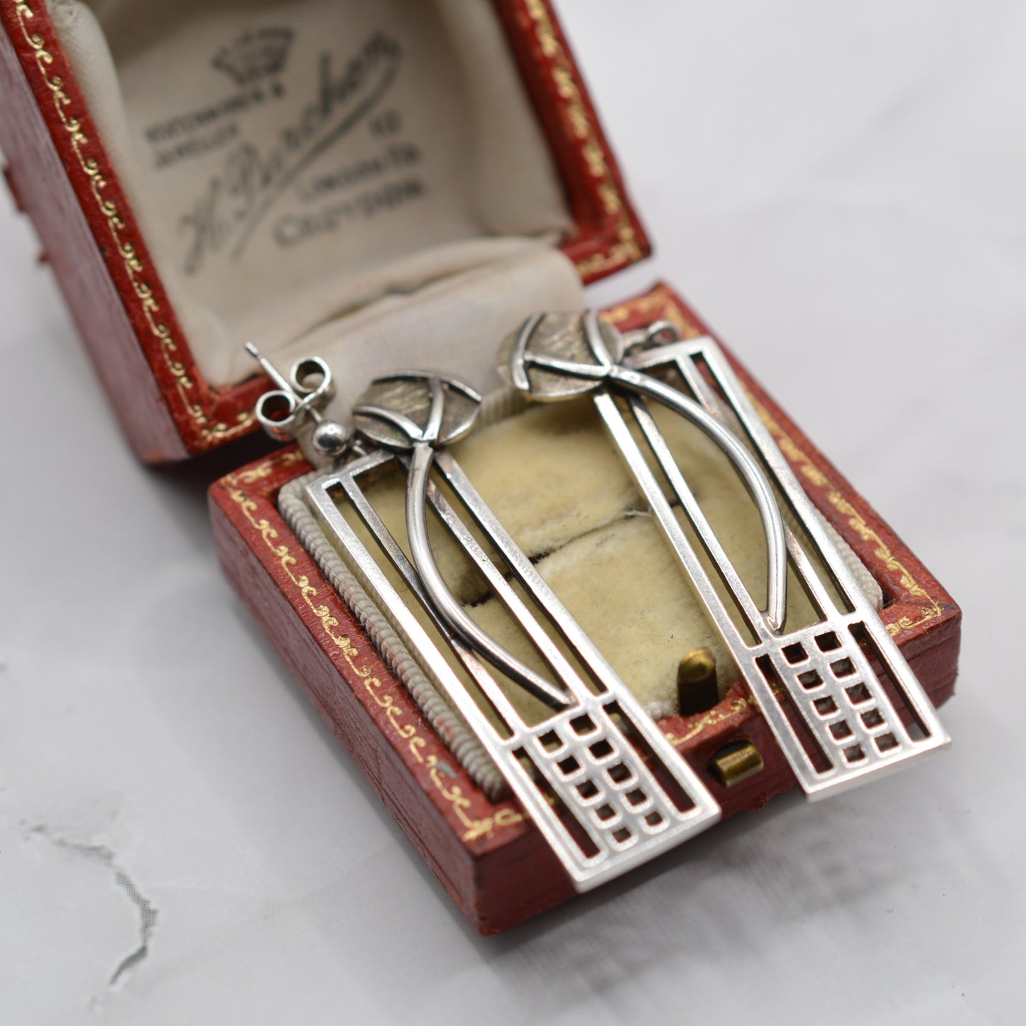 1990s Sterling Silver Large Rennie Mackintosh Style Drop Earrings