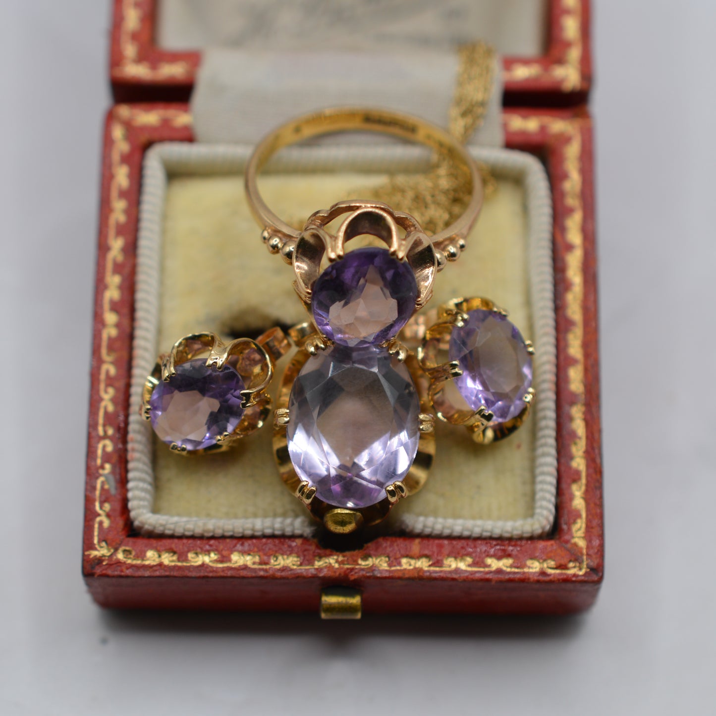 Vintage 9ct Gold Amethyst Ring, Necklace & Earrings Suite