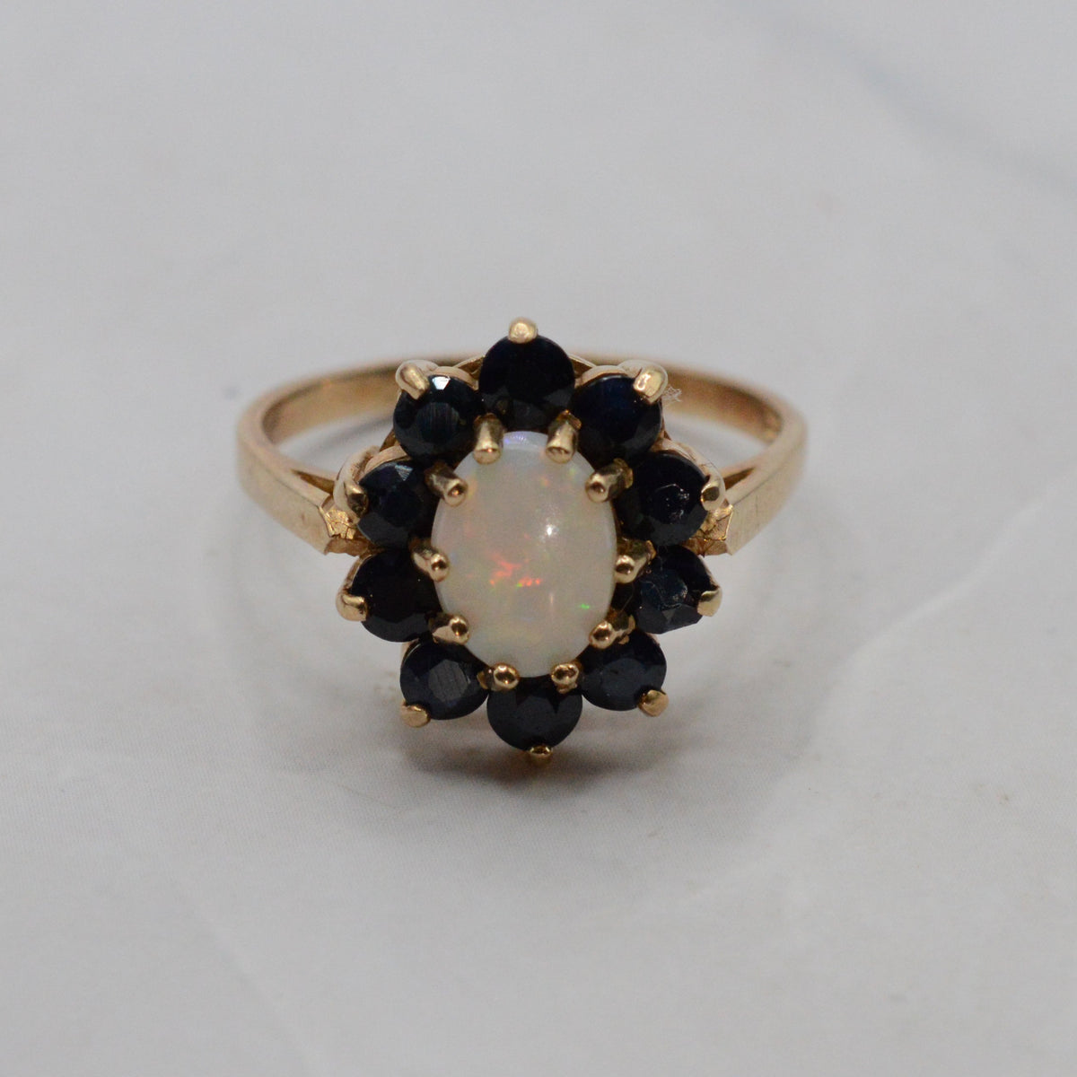 1970s Vintage 9ct Gold Opal & Sapphire Cluster Ring