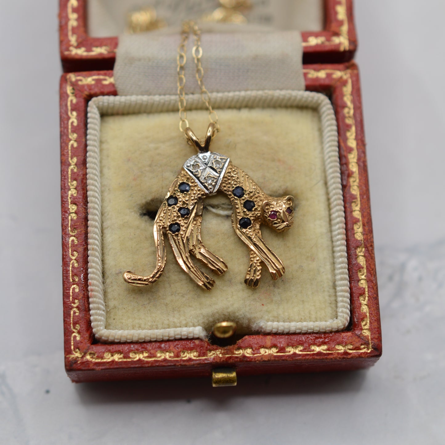 9ct Gold Diamond, Sapphire & Ruby Panther Pendant Necklace (16”)