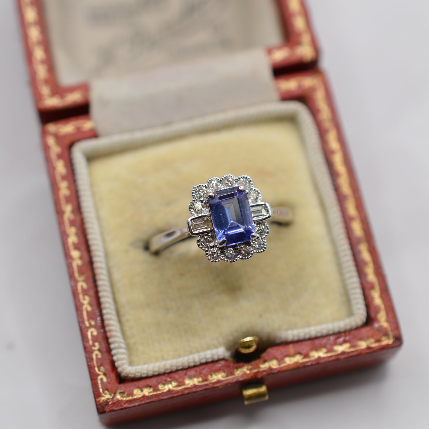 9ct White Gold Tanzanite & Diamond Halo Cluster Ring, Art Deco Style