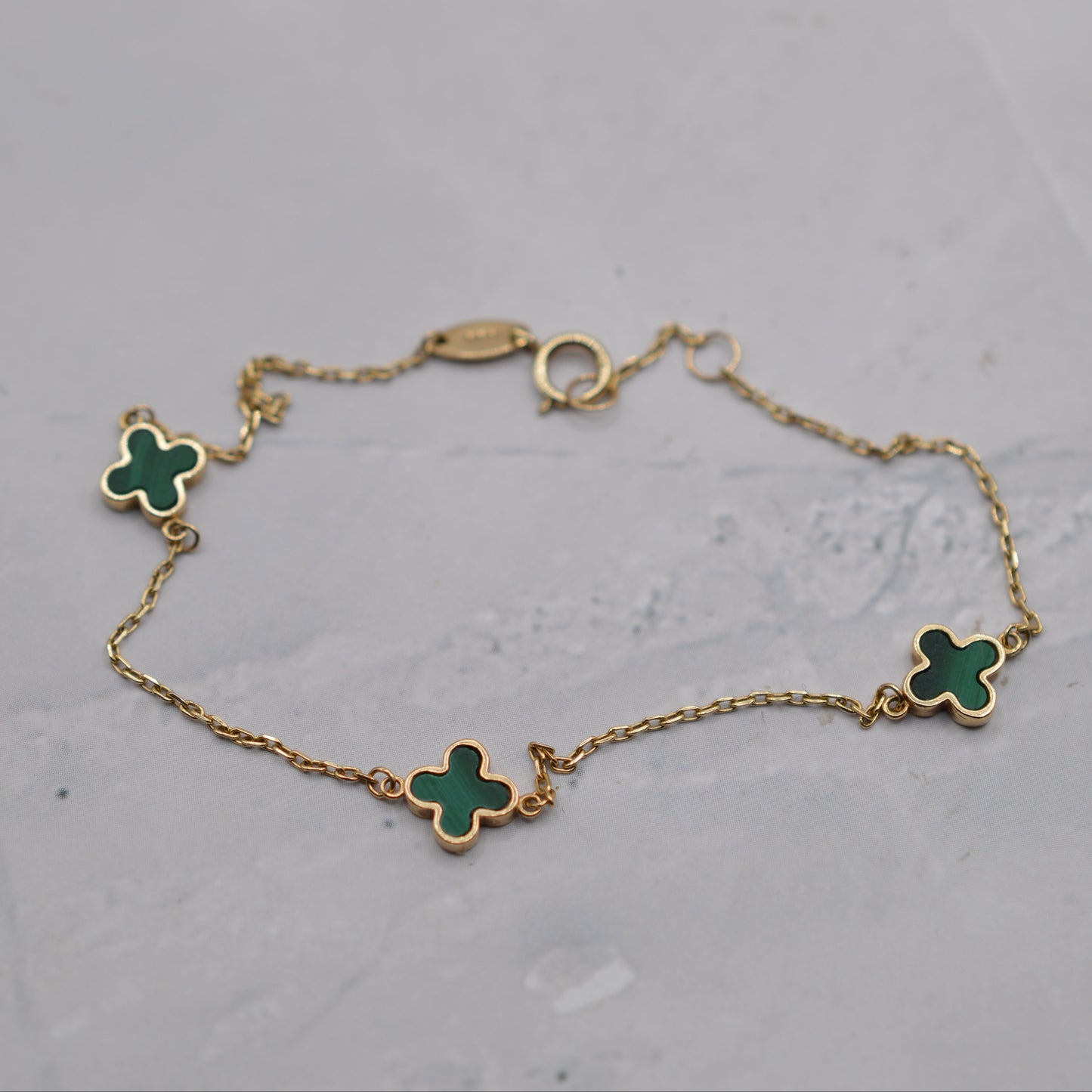 9ct Gold Malachite Clover Quatrefoil Bracelet (7–7.4")