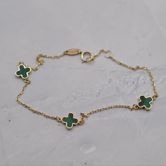 9ct Gold Malachite Clover Quatrefoil Bracelet (7–7.4")