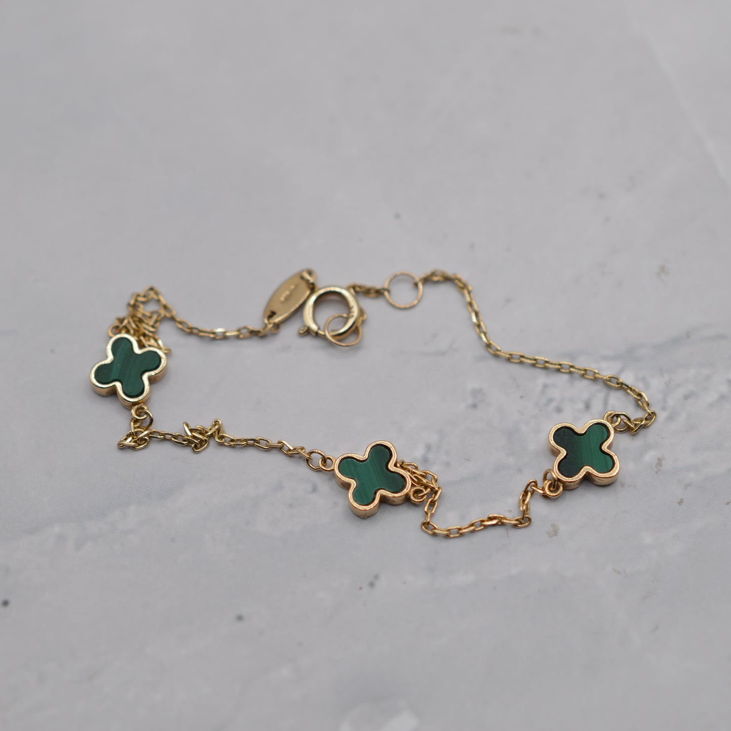 9ct Gold Malachite Clover Quatrefoil Bracelet (7–7.4")