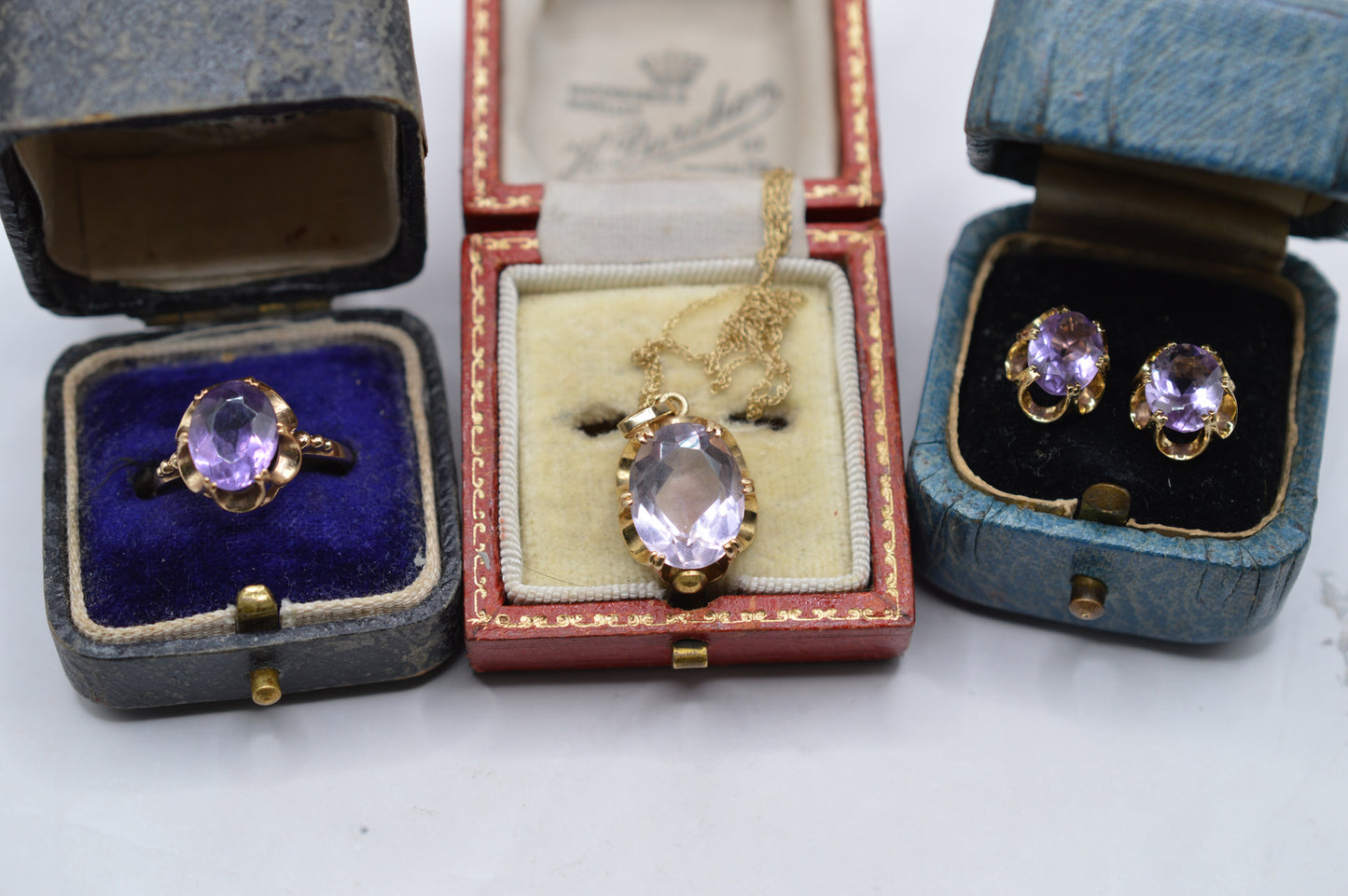 Vintage 9ct Gold Amethyst Ring, Necklace & Earrings Suite