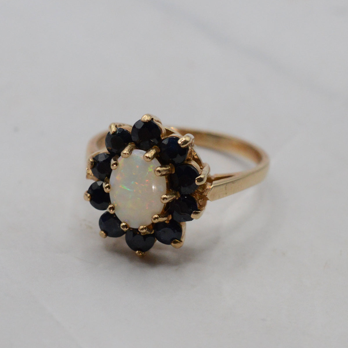 1970s Vintage 9ct Gold Opal & Sapphire Cluster Ring