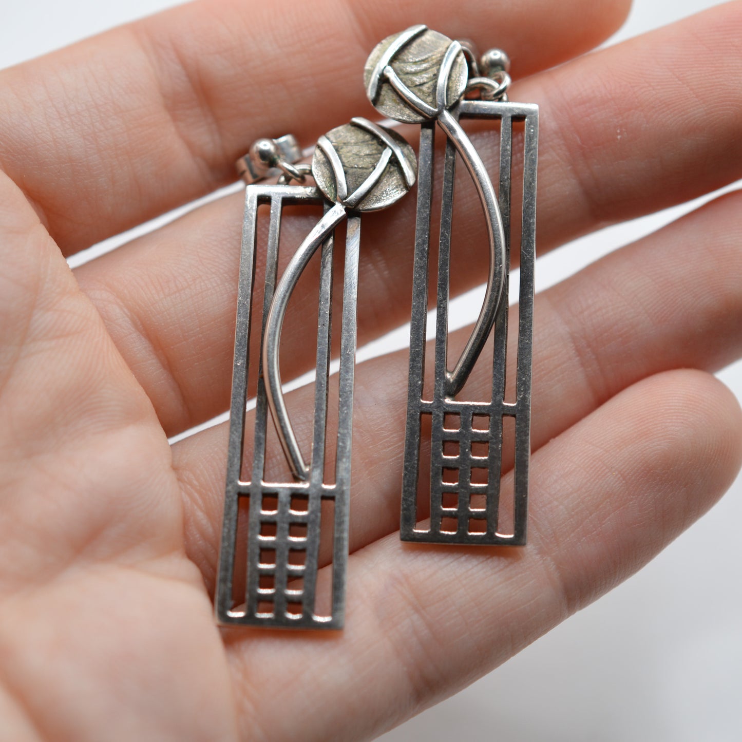 1990s Sterling Silver Large Rennie Mackintosh Style Drop Earrings