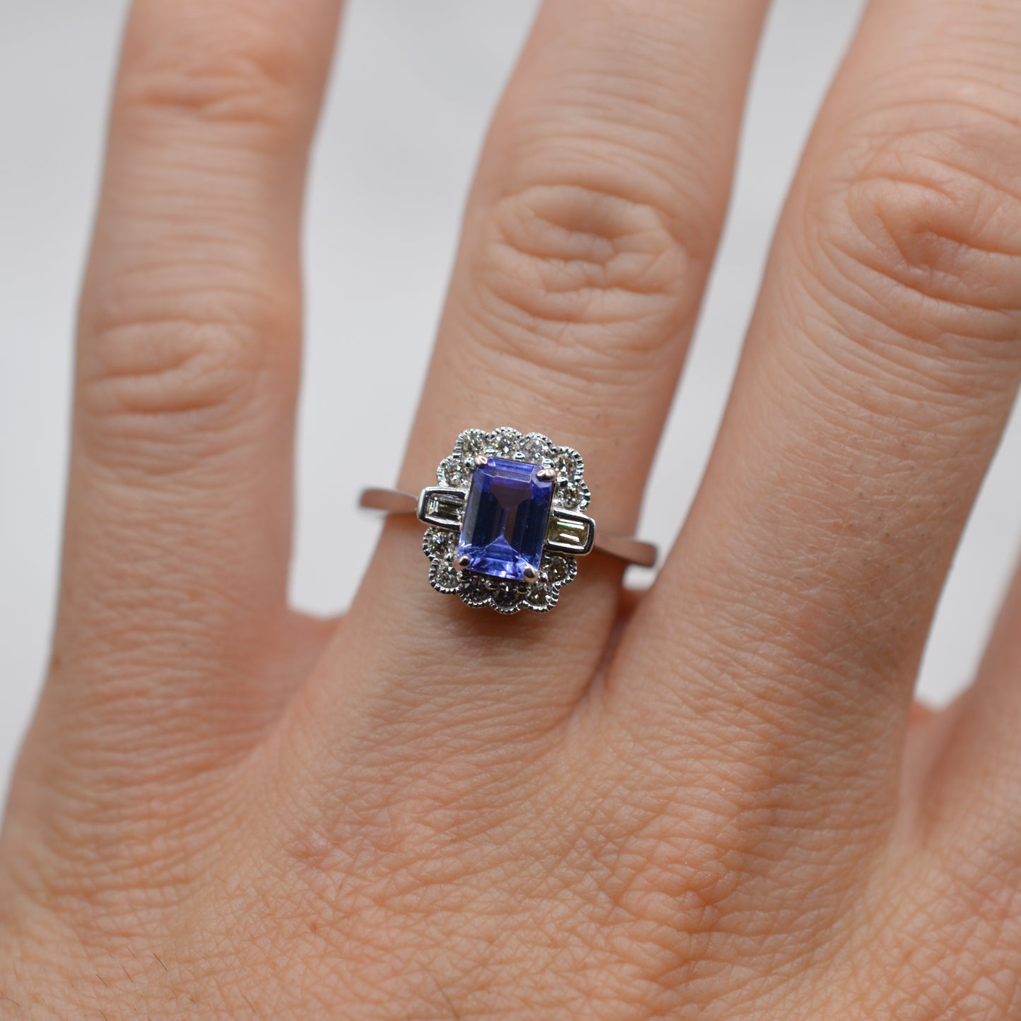 9ct White Gold Tanzanite & Diamond Halo Cluster Ring, Art Deco Style
