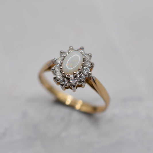 Vintage 9ct Gold Opal & CZ Cluster Ring