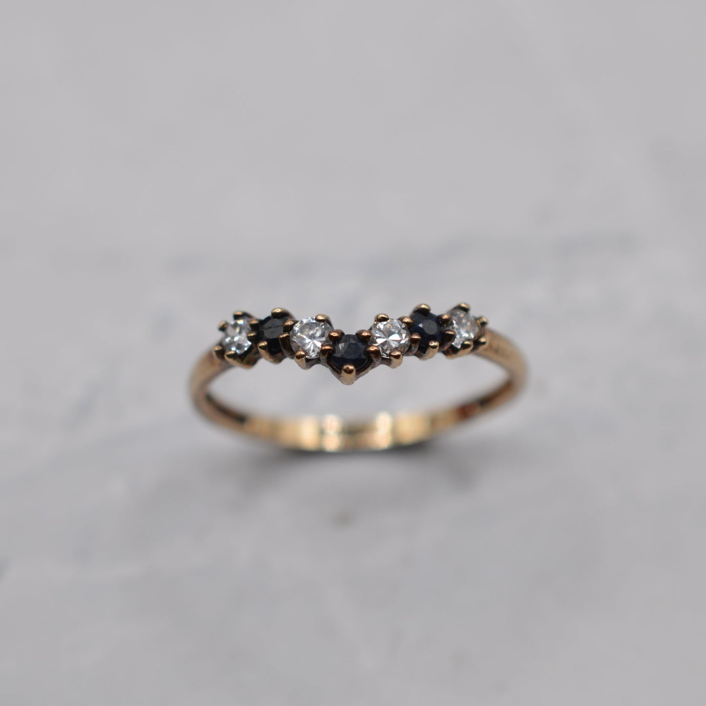 9ct Gold Sapphire & Cubic Zirconia Wishbone Ring
