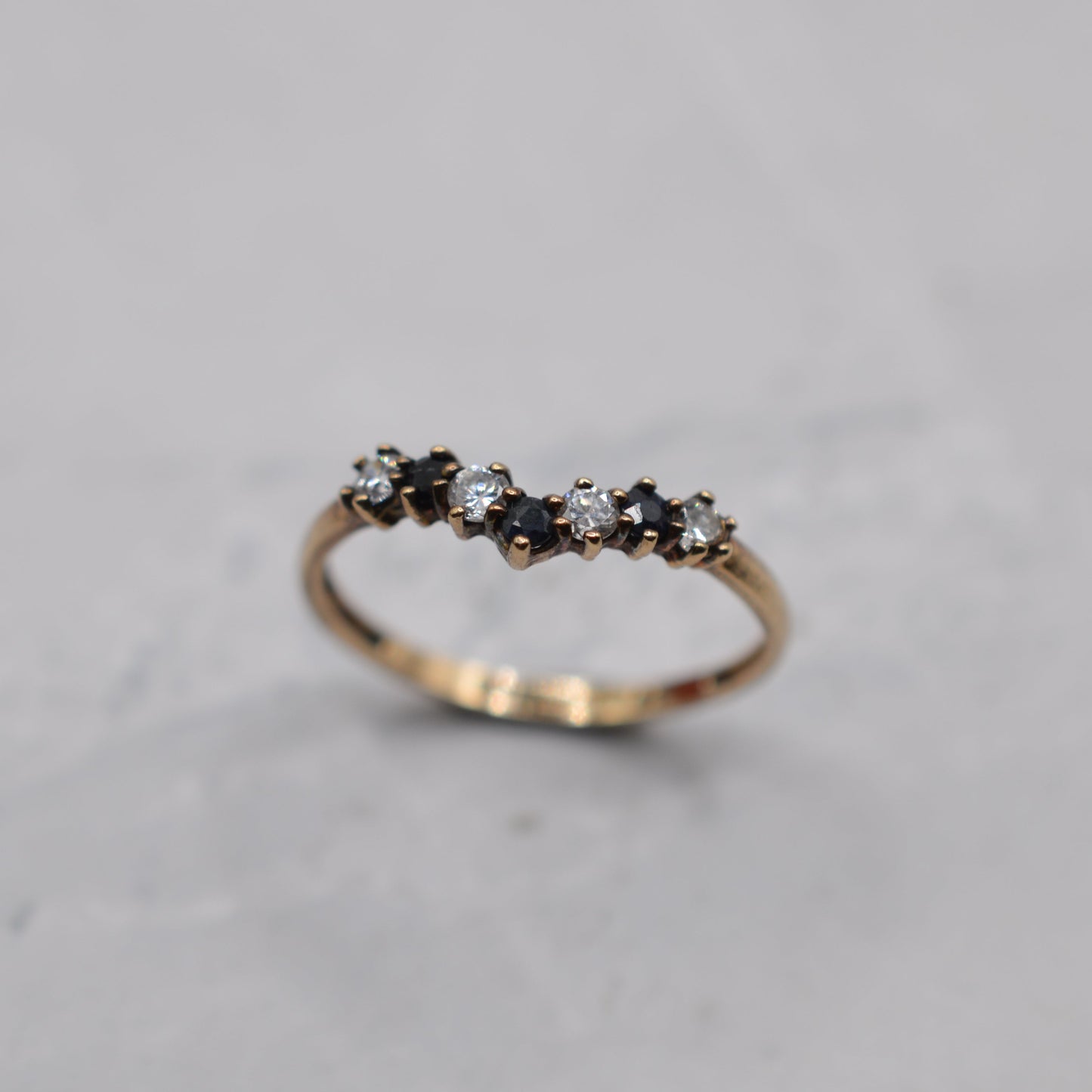 9ct Gold Sapphire & Cubic Zirconia Wishbone Ring