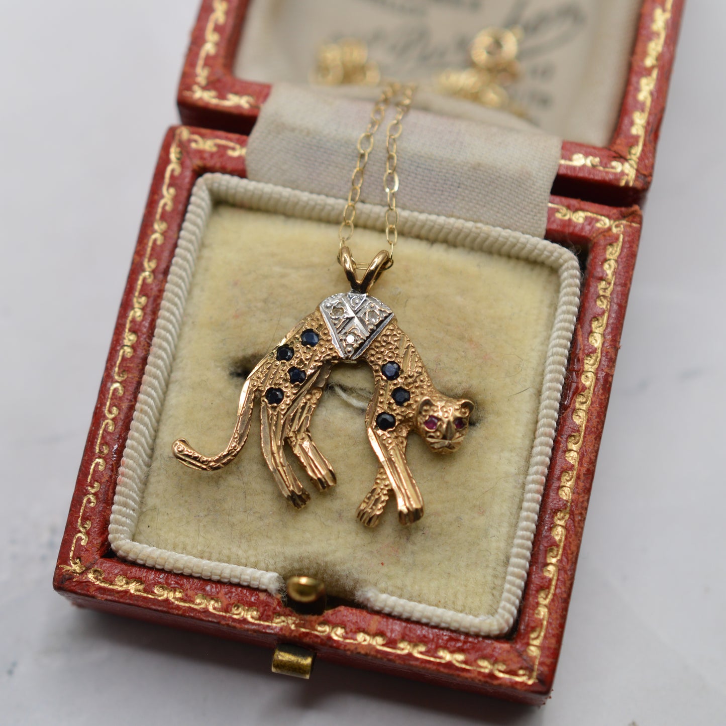 9ct Gold Diamond, Sapphire & Ruby Panther Pendant Necklace (16”)