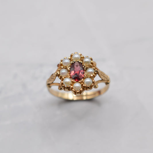 1990s 9ct Gold Garnet & Pearl Floral Cluster Ring