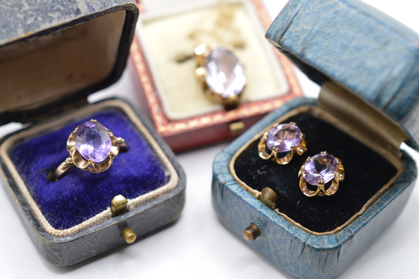 Vintage 9ct Gold Amethyst Ring, Necklace & Earrings Suite
