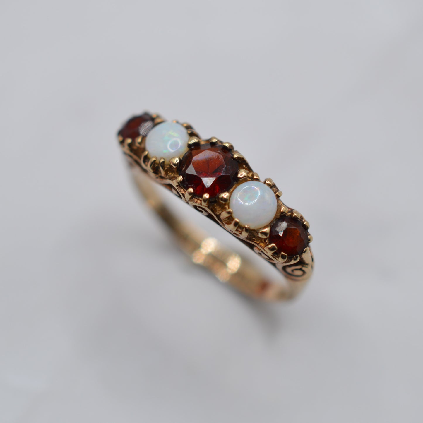 1990s 9ct Gold Opal & Garnet Five-Stone Ring