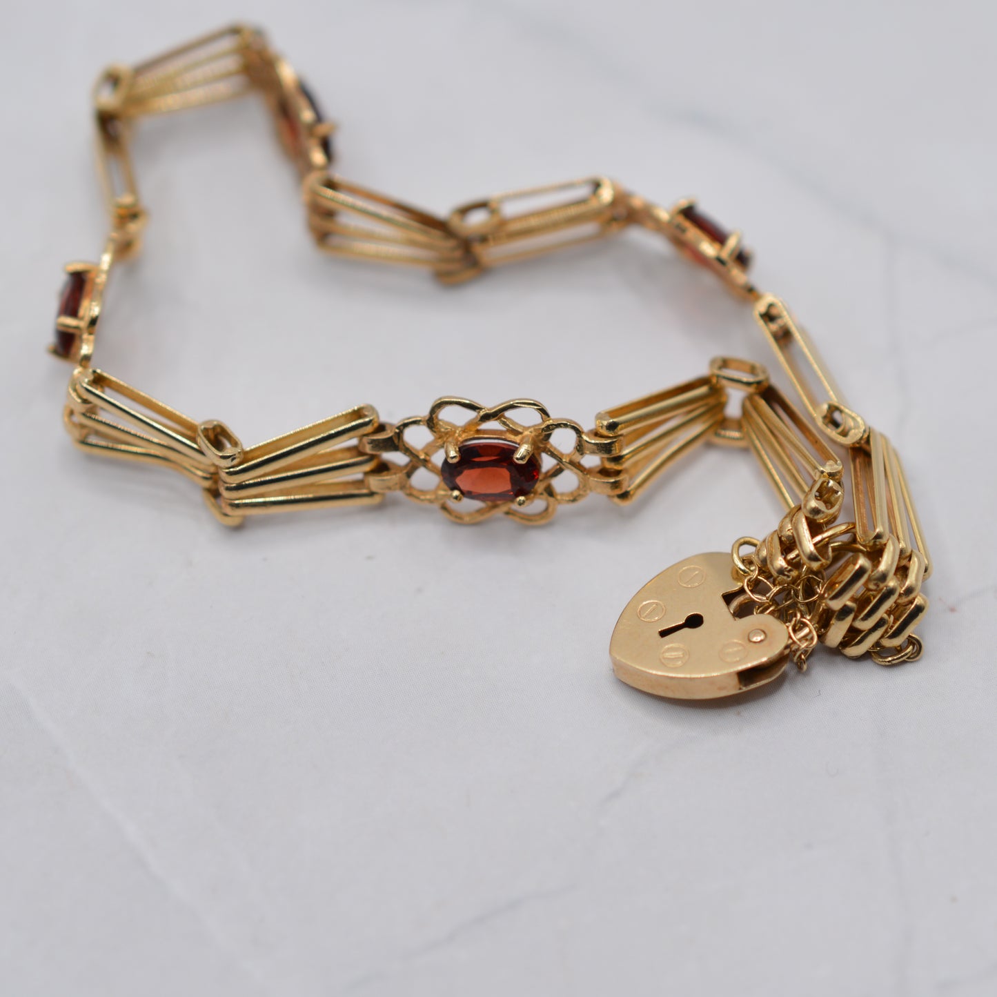 9ct Gold Garnet Gate Bracelet with Heart Padlock & Safety Chain (7")
