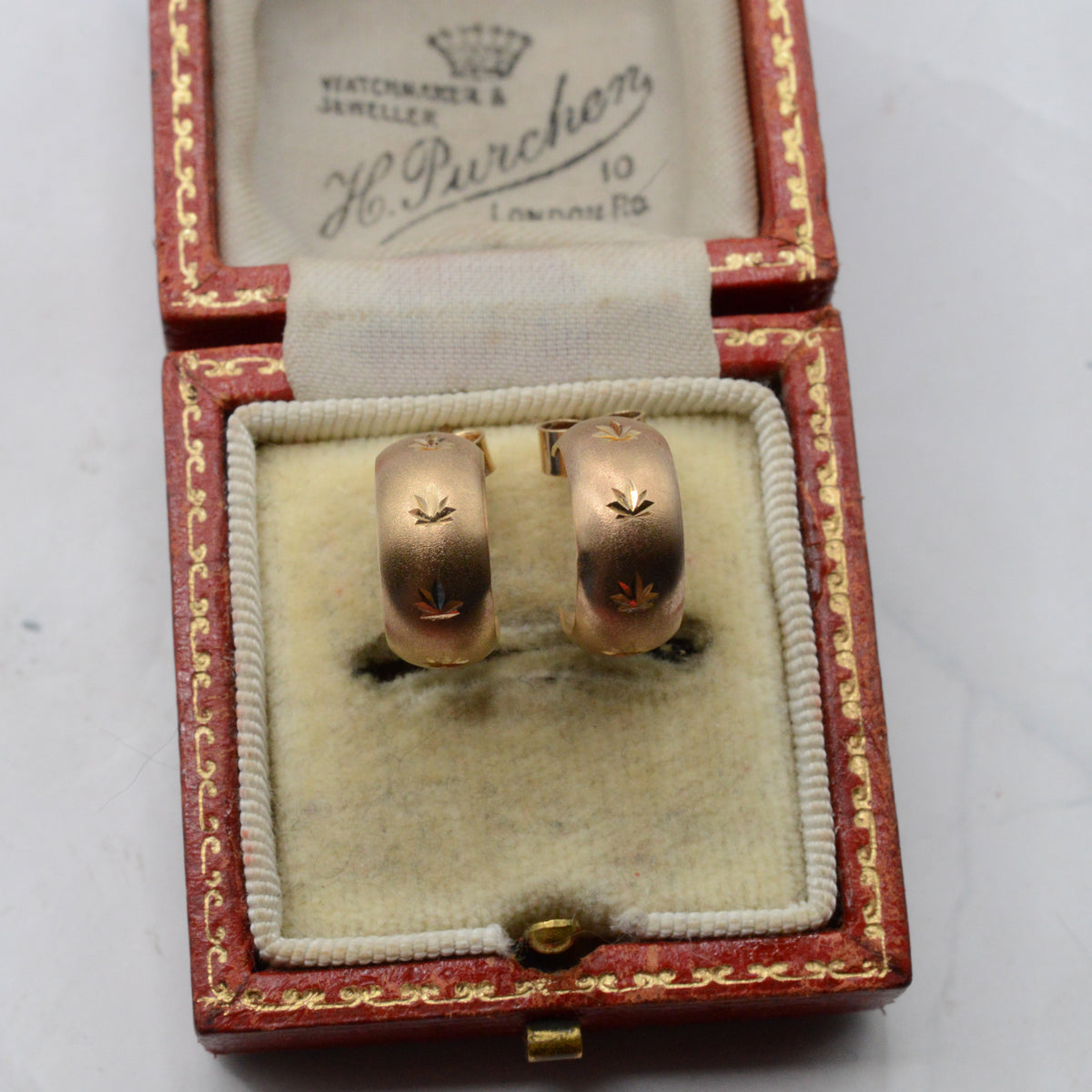 1970s Vintage 9ct Gold Leaf-Engraved Half-Hoop Earrings