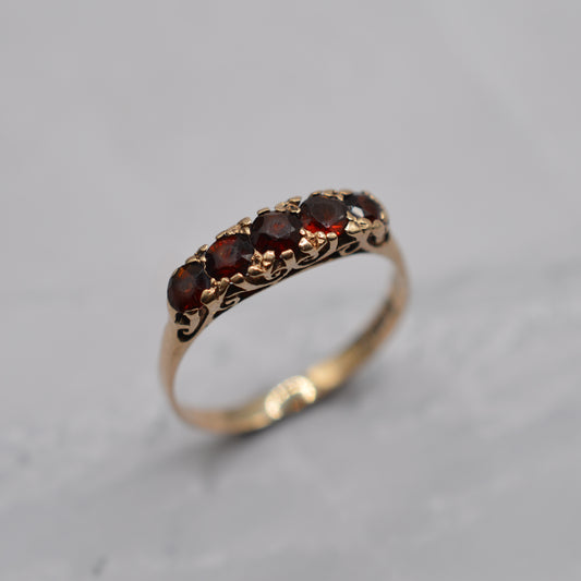 1970s Vintage 9ct Gold Garnet Five-Stone Ring
