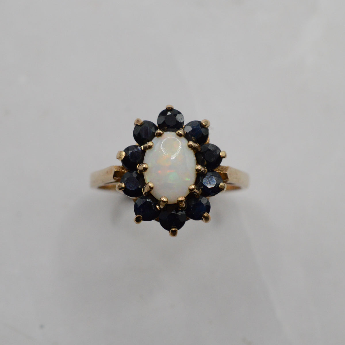 1970s Vintage 9ct Gold Opal & Sapphire Cluster Ring