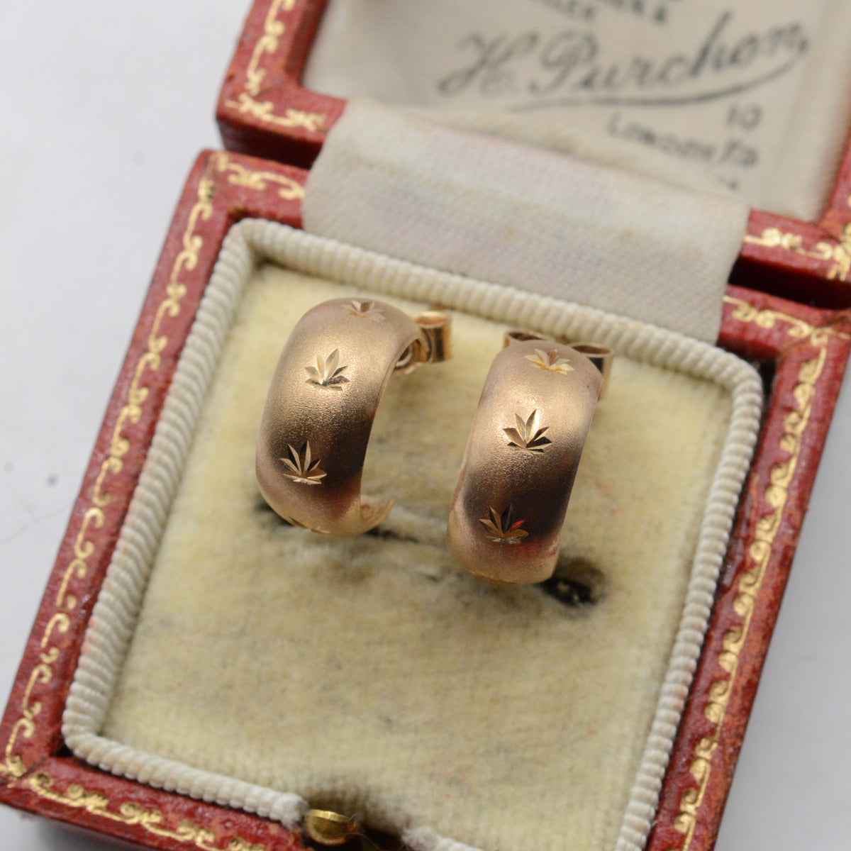 1970s Vintage 9ct Gold Leaf-Engraved Half-Hoop Earrings