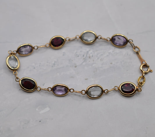 1970s Vintage 9ct Gold Aquamarine, Garnet & Amethyst Gemstone Bracelet (6.5”)