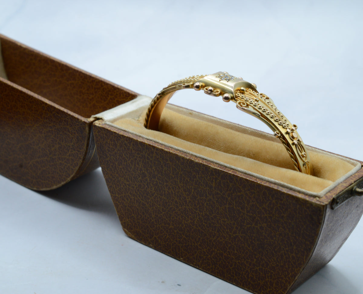 Edwardian 1906 9ct Gold Diamond Etruscan Revival Bangle Bracelet with Antique Box