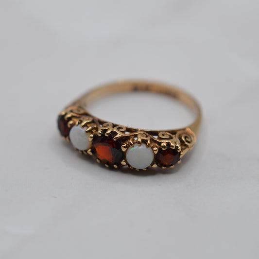 1990s 9ct Gold Opal & Garnet Five-Stone Ring