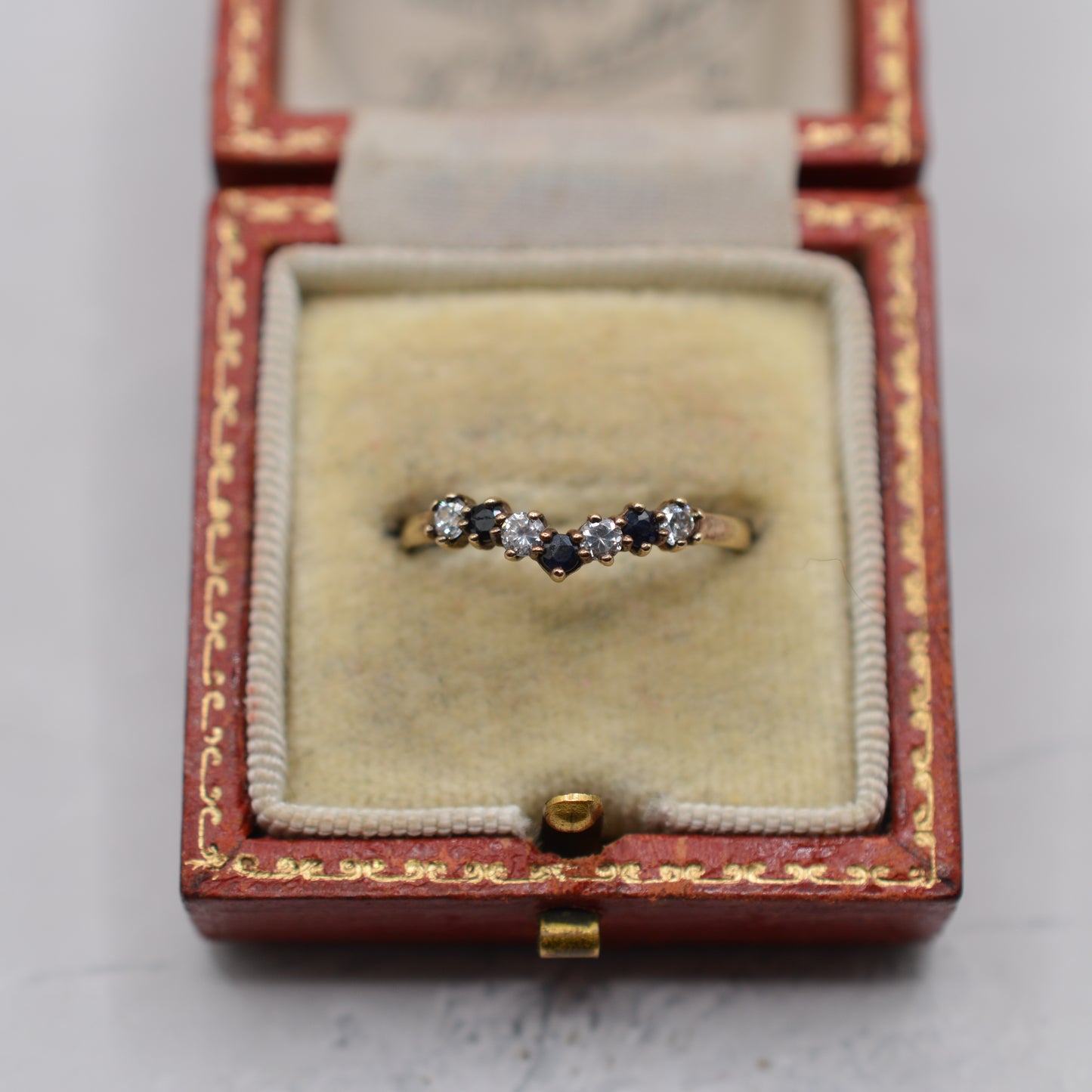 9ct Gold Sapphire & Cubic Zirconia Wishbone Ring
