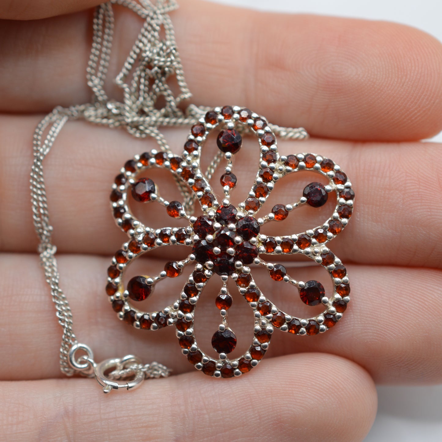 Vintage Large Sterling Silver Garnet Floral Cluster Pendant Necklace (17" Chain)