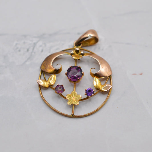 Antique Art Nouveau 9ct Gold Amethyst Floral Pendant