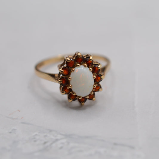 1980s 9ct Gold Opal & Garnet Cluster Ring