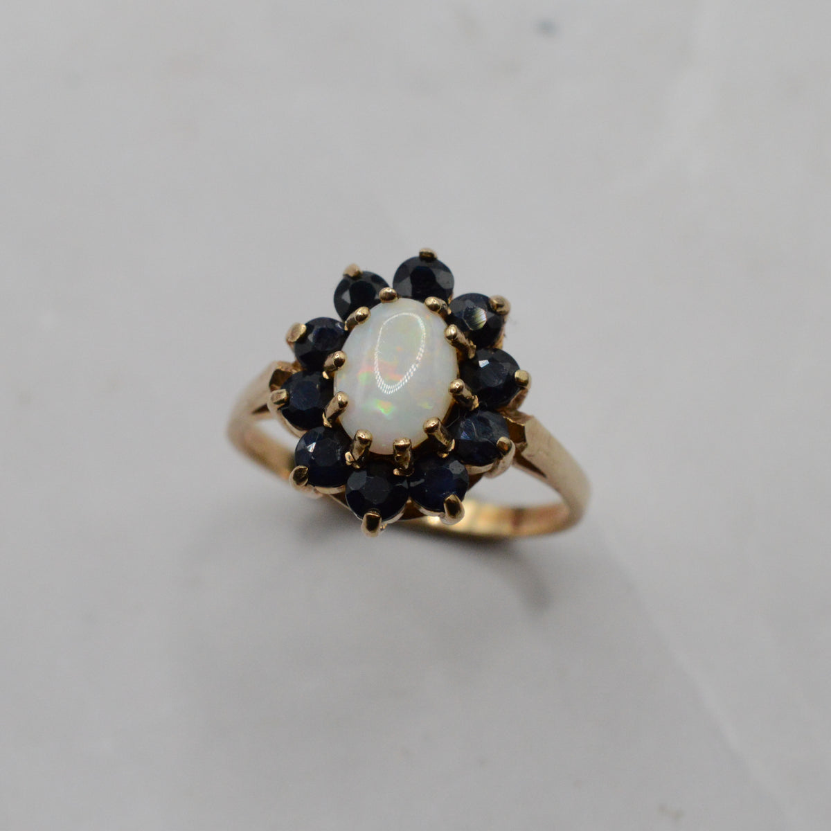 1970s Vintage 9ct Gold Opal & Sapphire Cluster Ring