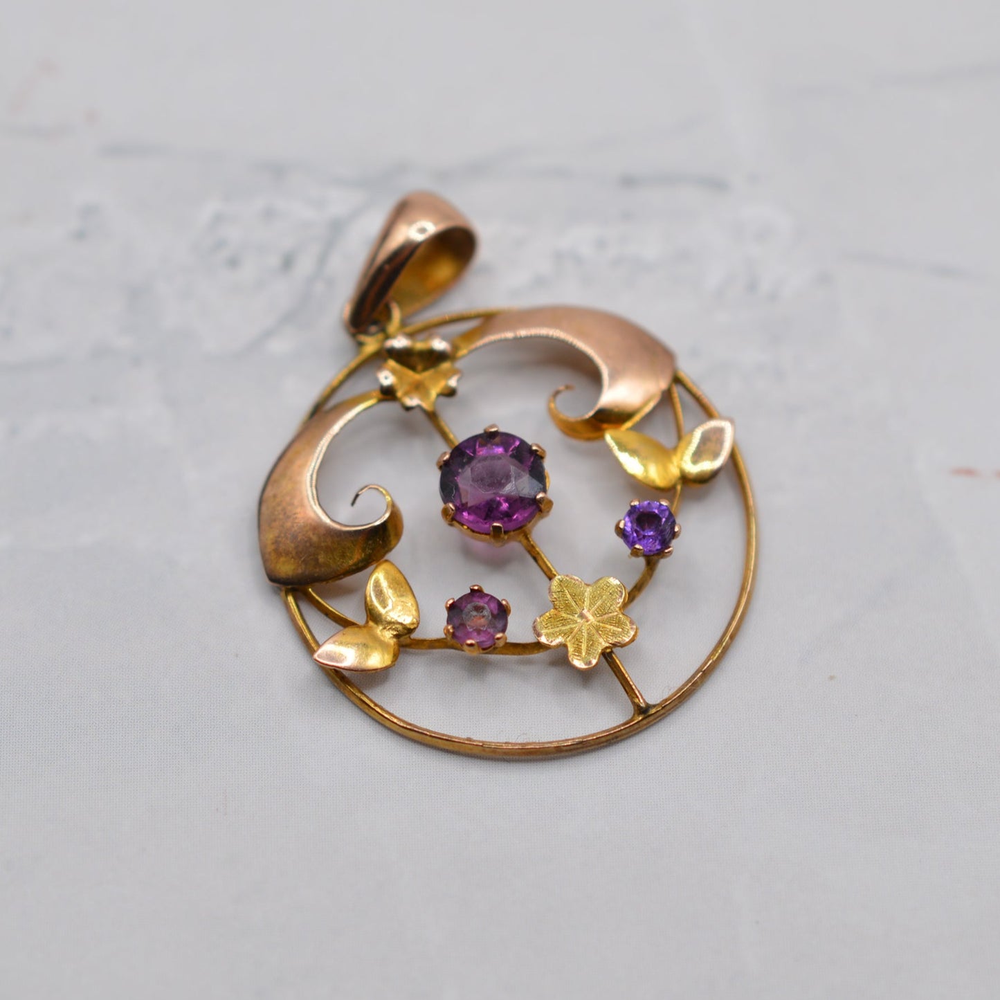 Antique Art Nouveau 9ct Gold Amethyst Floral Pendant