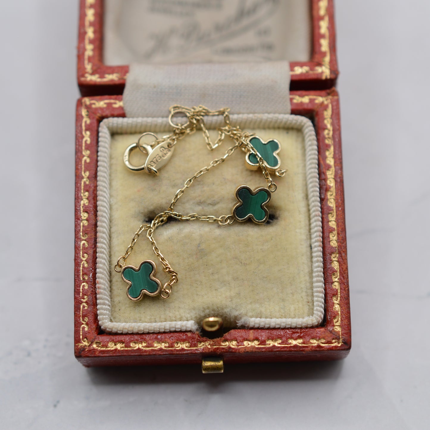 9ct Gold Malachite Clover Quatrefoil Bracelet (7–7.4")