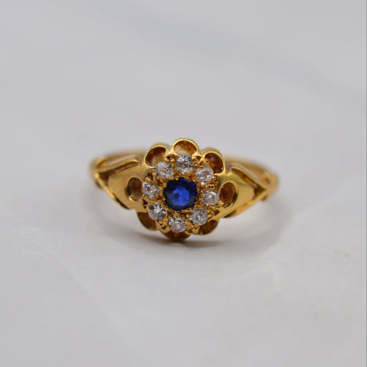 1876 Antique Victorian 18ct Gold Sapphire & Diamond Cluster Ring