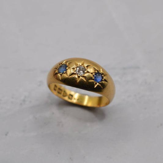 Chunky 1909 Antique Edwardian 18ct Gold Sapphire & Diamond Starburst Gypsy Ring