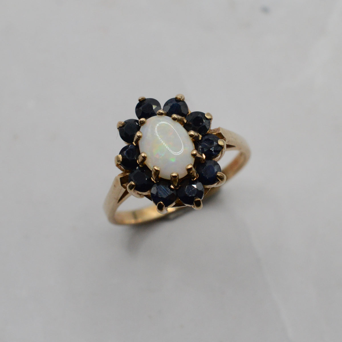 1970s Vintage 9ct Gold Opal & Sapphire Cluster Ring