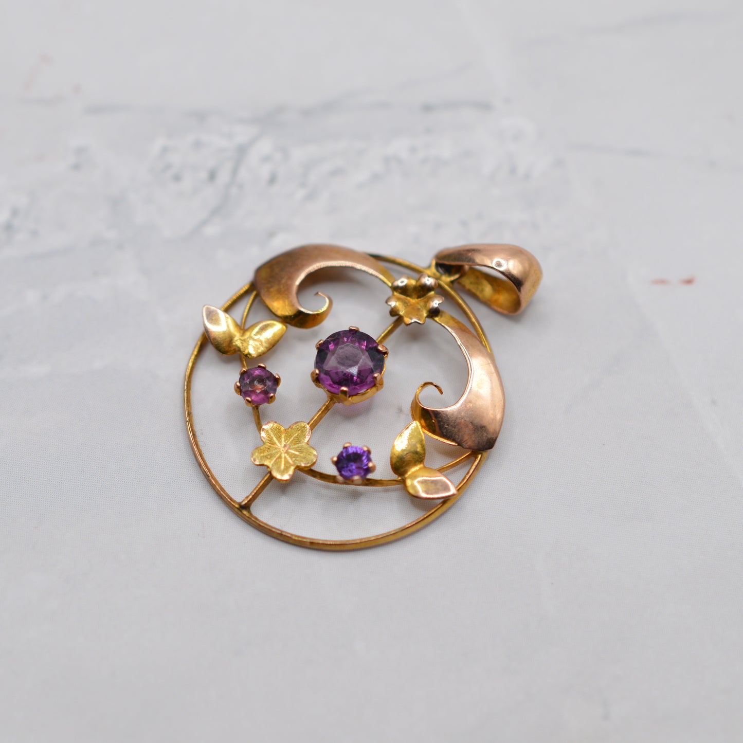 Antique Art Nouveau 9ct Gold Amethyst Floral Pendant